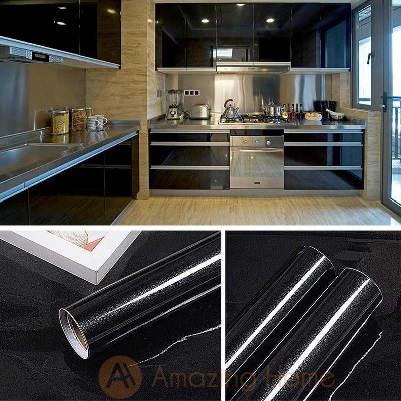 Self Adhesive Black Metallic Kitchen Cabinet Sticker Furniture Countertop Wallpaper