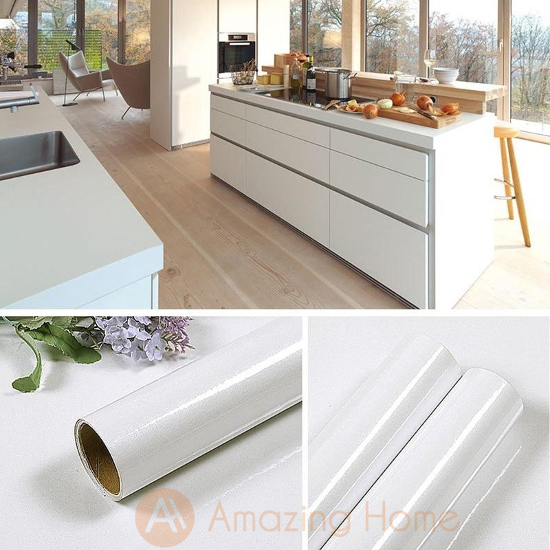 Self Adhesive White Metallic Kitchen Cabinet Sticker Furniture Countertop Wallpaper