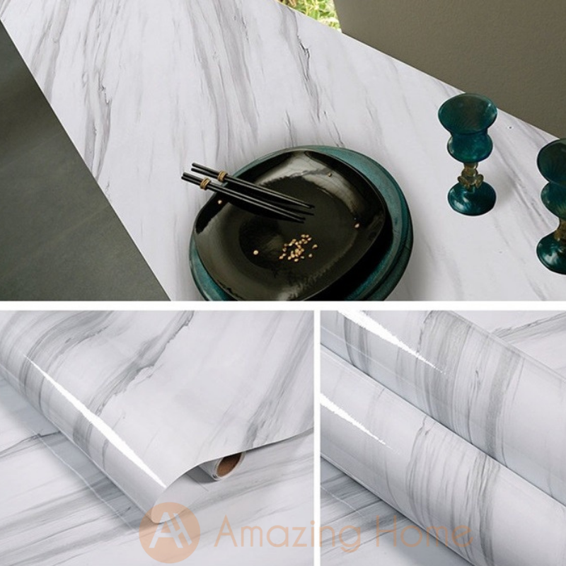 Self Adhesive White Marble Kitchen Cabinet Sticker Furniture Countertop Wallpaper