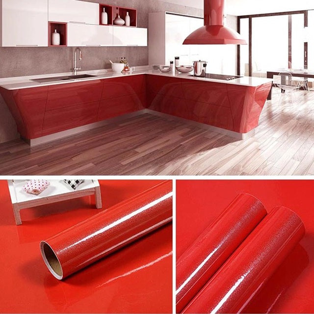 Self Adhesive Red Metallic Kitchen Cabinet Sticker Furniture Countertop Wallpaper